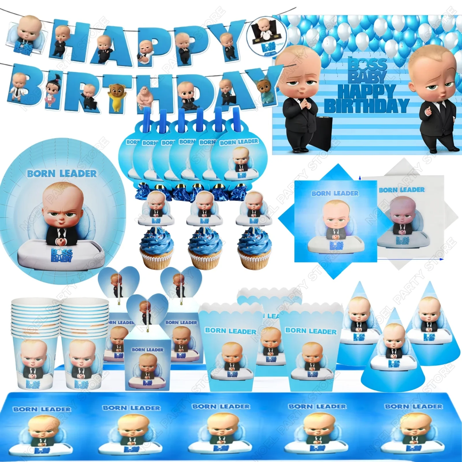 Decoraciones de Globos para Fiesta de Cumpleaños de Niño con Temática HOT BOSSED BABY, Platos y Vasos Desechables, Fondo, Soporte para Pastel con Recuerdos para la Fiesta