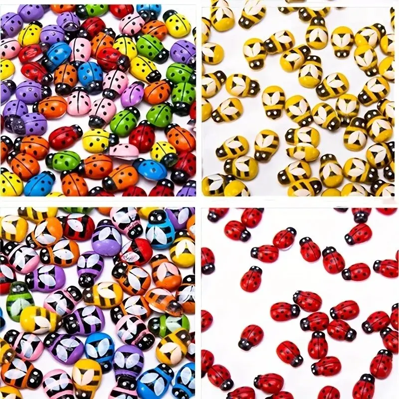 100pcs Wooden 9x13mm Ladybirds Bees Ladybug Self Adhesive Stickers DIY Easter Crafts Decoration For Scrapbooking Embellishments