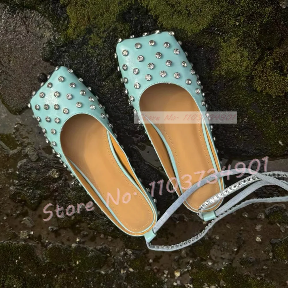 

Blue Cow Leather Flat Shoes With Sparkly Crystals Women Square Toe Sheepskin Insoles Shoes Ladies Elegant Lace Up Summer Shoes