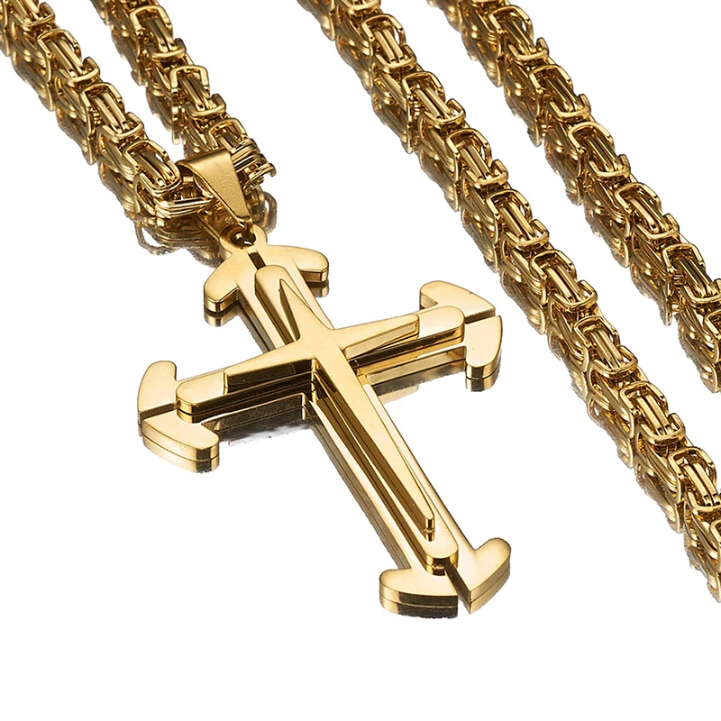 Hip Hop Rock Titanium Stainless Steel 3 Layer Cross Pendants with 6mm wide Byzantium Link Chain Necklaces for Men Rapper Jewelry