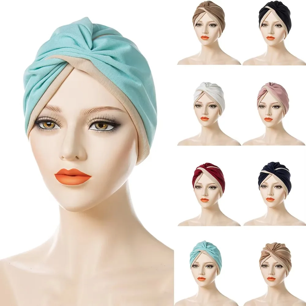 Women hijab cap Twisted Indian Hats Two Color Stitched Forehead Cross Folded Muslim Fashion Ladies Pleated Hijab Hat