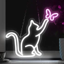 Cats and Butterflies LED Neon Sign USB Dimmable Neon Light Sign for Gameroom Bedroom Bar Livingroom Birthday Gift Wall Decor