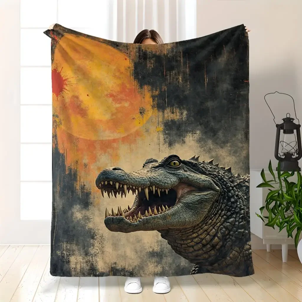 Crocodile Print Throw Blanket Jungle Safari Reptile Art Decor Giant Alligator Sunset Cozy Home Bed Cover 150x230cm