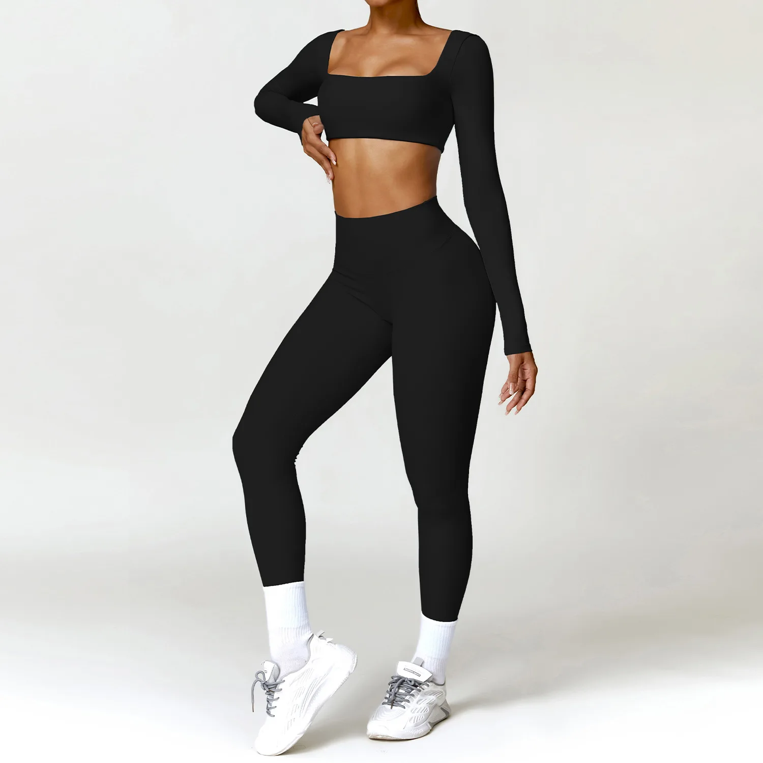 Women Tracksuit Yoga Set 2PCS Sportswear Workout Clothes Athletic Wear Gym Legging Fitness Bra Crop Top Long Sleeve Sports Suits