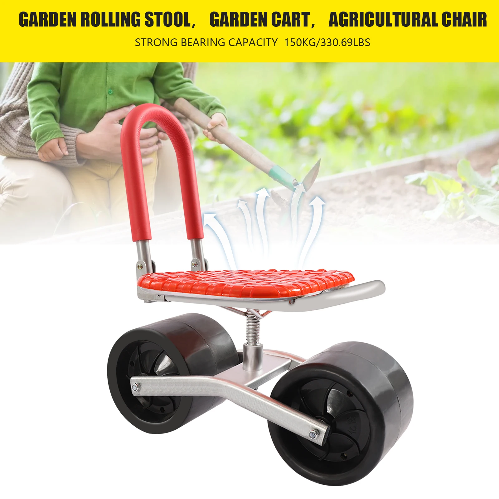 

Garden Cart Rolling Stool with Wheels Stable Workseat Sturdy Cart Adjustable Seat Height and Direction Gardening Helper Red