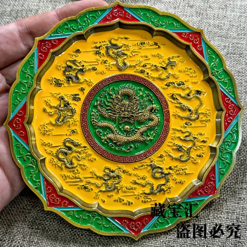 Old Collection Hand Carved Painted Cloisonne Gilded Copper Nine Dragons Plate Ornament Chinese Zodiac Dragon Plate Collectible