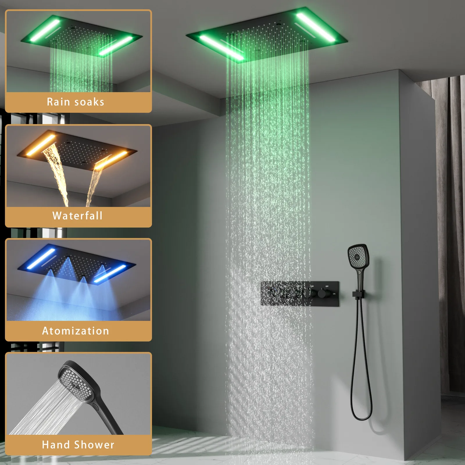 LED Rain Shower Set 500*360mm, Embedded Ceiling Mount, Brass Thermostatic Valve, Modern Bathroom Fixture