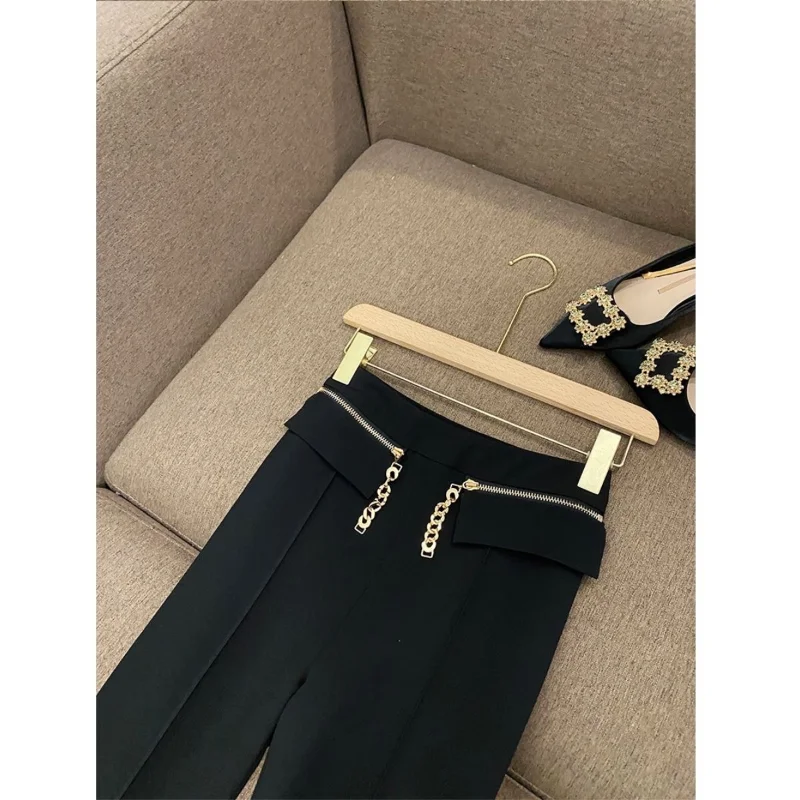 New Style Spring and Autumn Women's Solid High Waist Slim Flare Pants All Match Chain Sashes Fashion Casual Commute Trousers