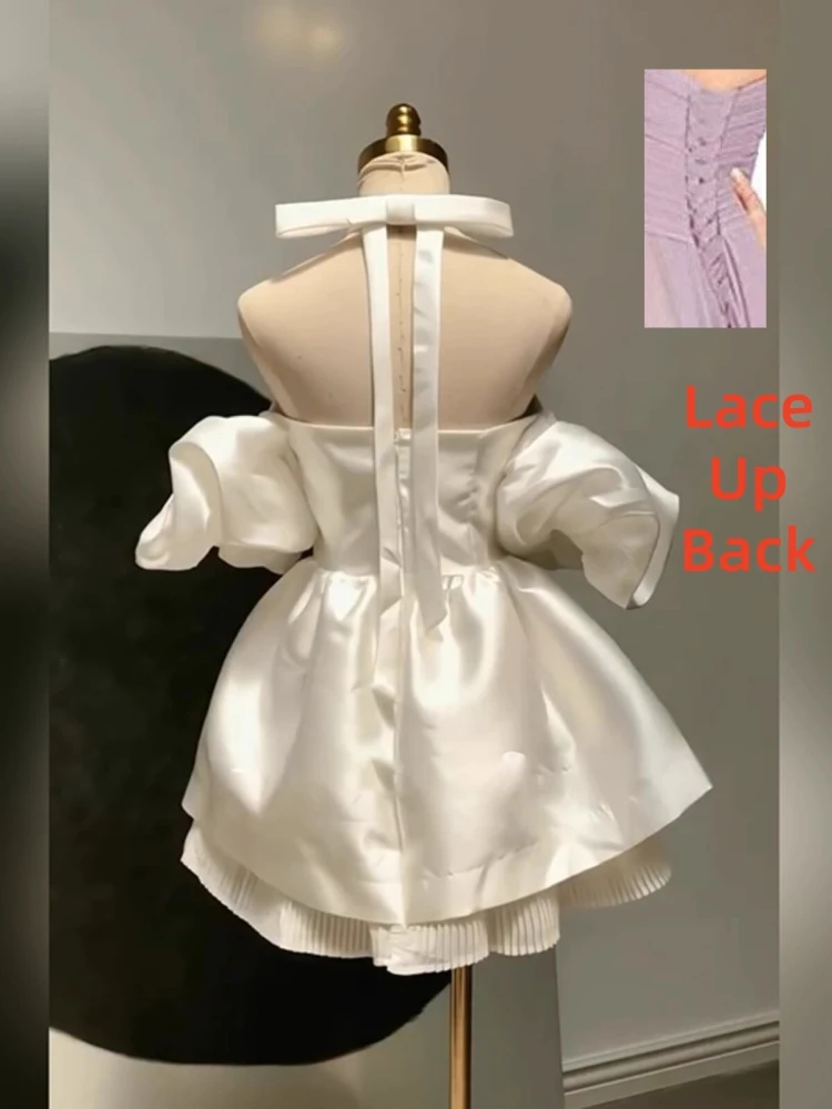 Vestidos de fiesta con hombros descubiertos para adolescentes Vestido de fiesta de cóctel de graduación corto sin tirantes con volantes de satén