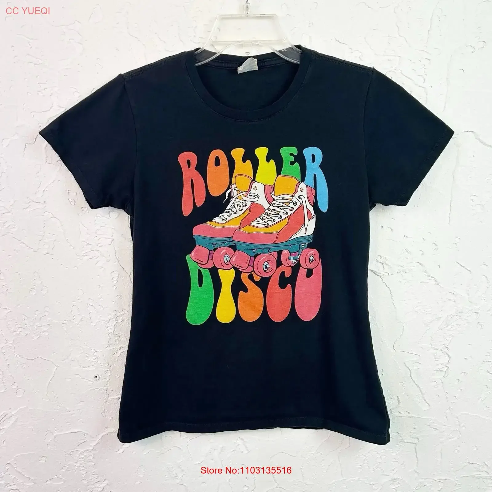 Camiseta Roller Disco Negra con Cuello Redondo, Talla Pequeña, Estilo Vintage Años 70, Lavada, a la Moda, para Hombre, Elegante, para Uso Diario, Elástica