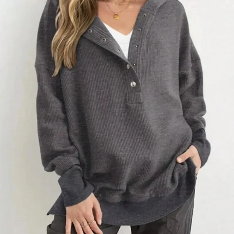 

Women's Camisolas Outono Mulher Polo Collar Solid Color Long-sleeved Pullover Autumn Versatile Solid Color Sweatshirt Herbstmode