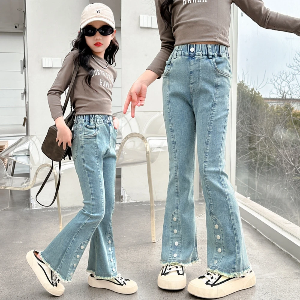 2024 New Girls' Spring And Autumn Pants Korean Version Size Children's Flared Fashionable Nail Buckle Fringed Long Jeans