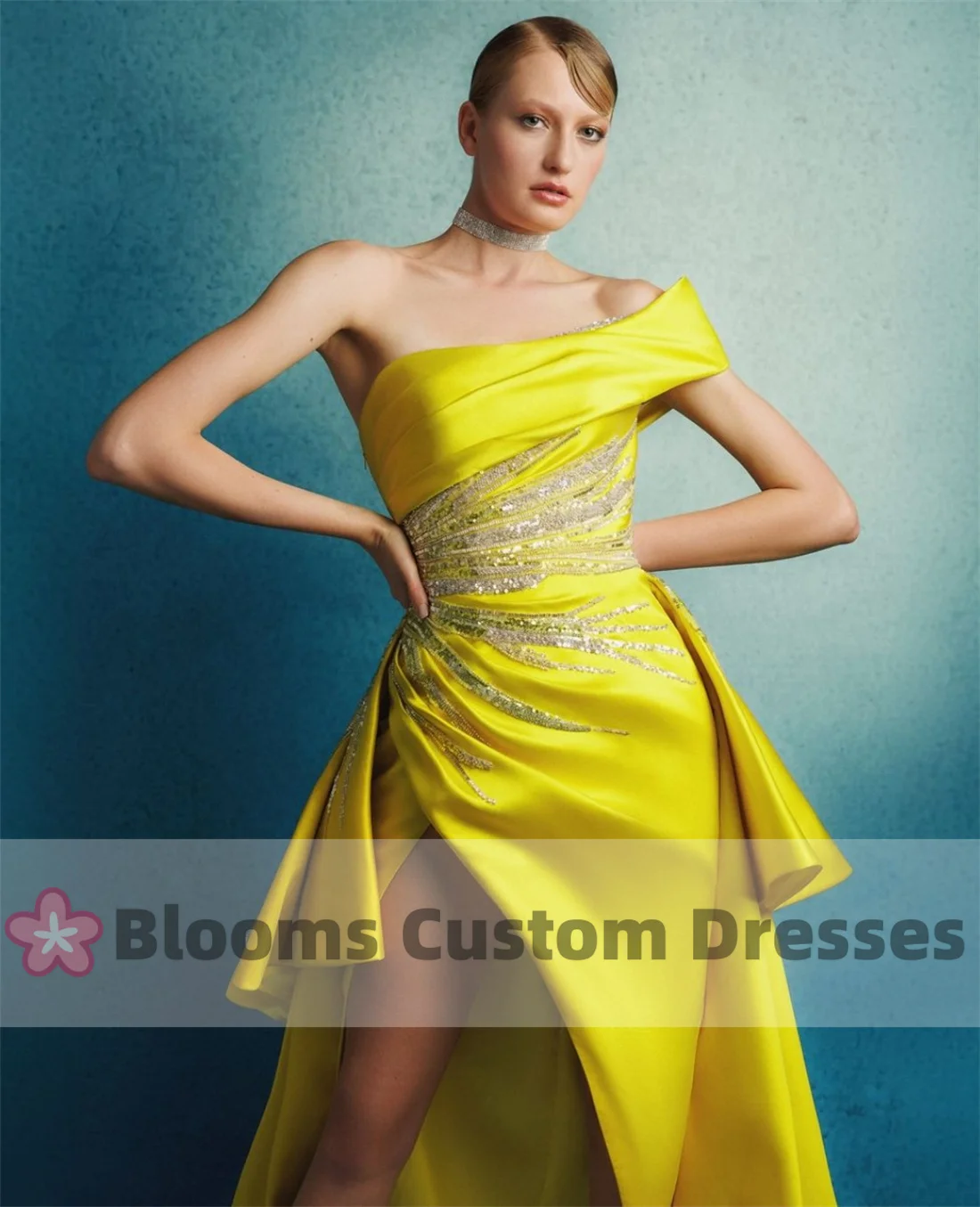 Customized One-Shoulder Yellow Satin Gorgeous Evening Dresses Mermaid Sequins Sleeveless Formal Occasion Party Dress For Prom