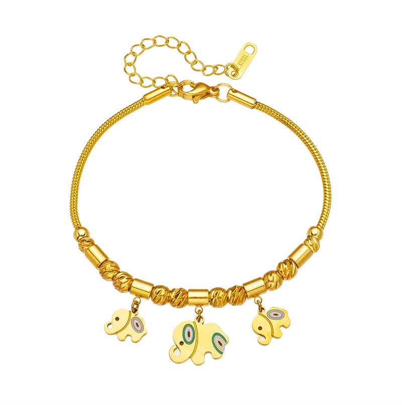 316L Stainless Steel New Fashion Fine Jewelry Carved Beads Spray Paint Hanging 3 Elephants Charm Thick Chain Bracelets For Women