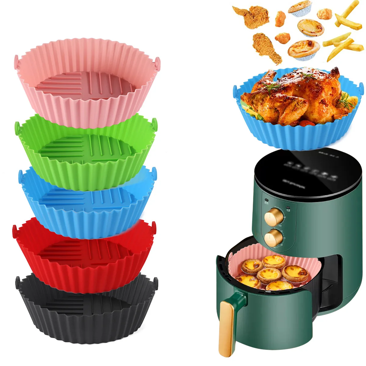 1pc-Round silicone air fryer baking tray, foldable high-temperature resistant silicone oil tray, easy-to-clean oven pad