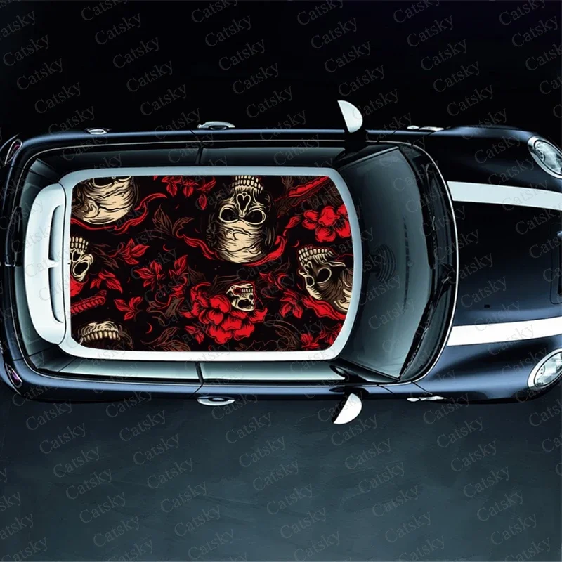 Skulls with Red Flowers Car Roof Sticker Wrap Racing SUV Accessories Packaging Painted PVC Custom Car Graphic Decal