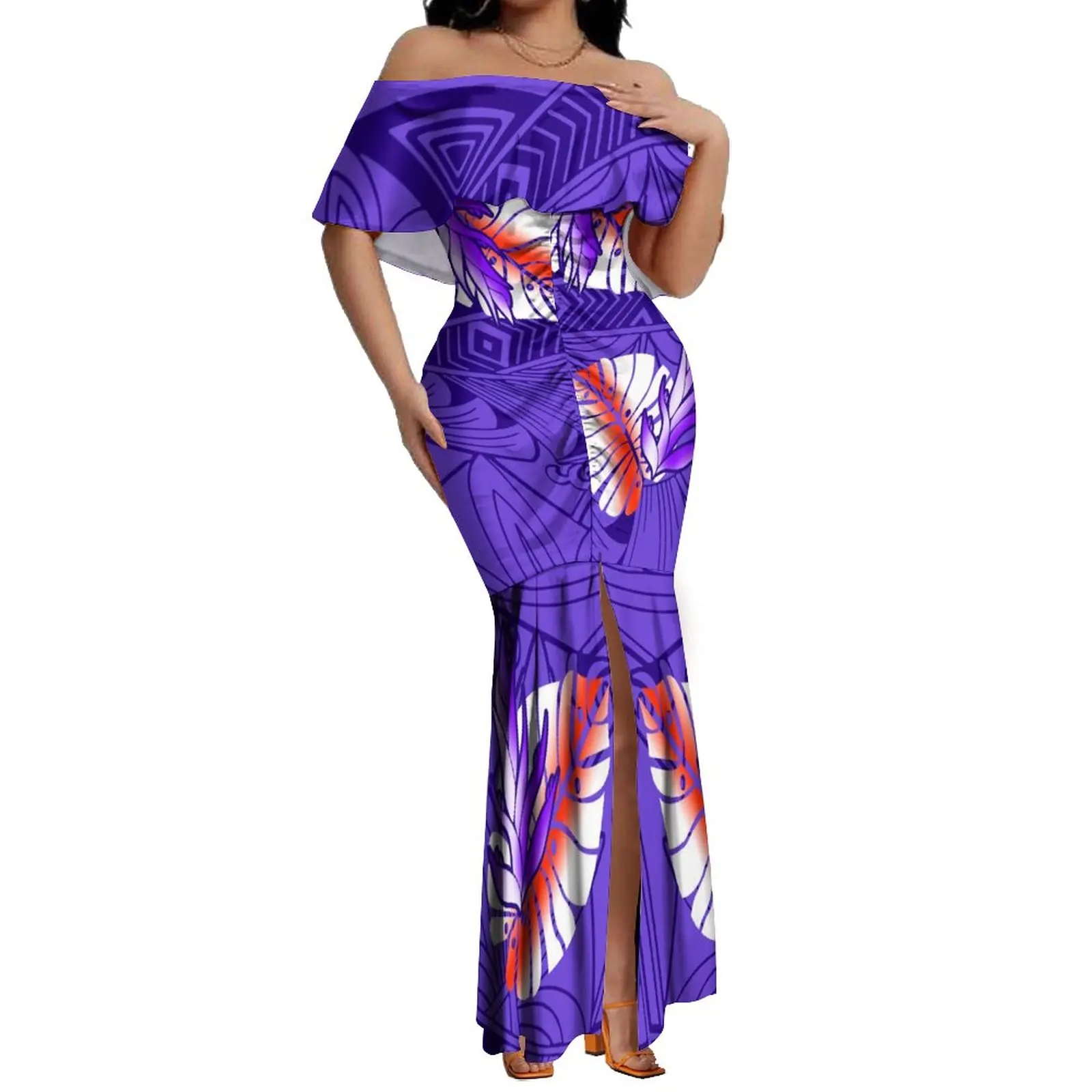 Polynesian Hd Print Long Fishtail Dress Pacific Island Art 8xl Elegant Off-The-Shoulder Mermaid Dress For The Evening