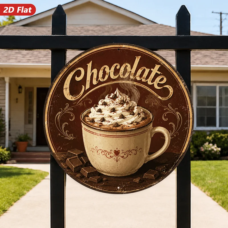 2D Flat, 1pc Chocolate Mug Whip Round Metal Sign Wall Art, Whipped Cream Swirl, Chocolate Squares, Perfect for Garden Study, Rus