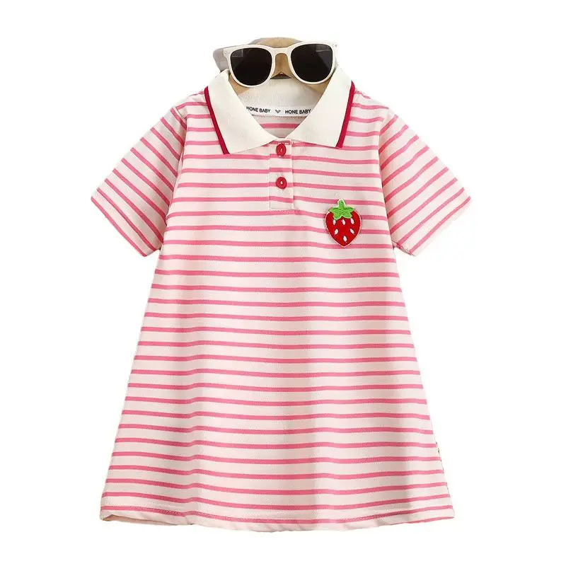 2025 Nuovo vestito per bambini Ragazze Estate Edizione coreana Moda Casual Colletto a righe Manica corta Dress1-10Y