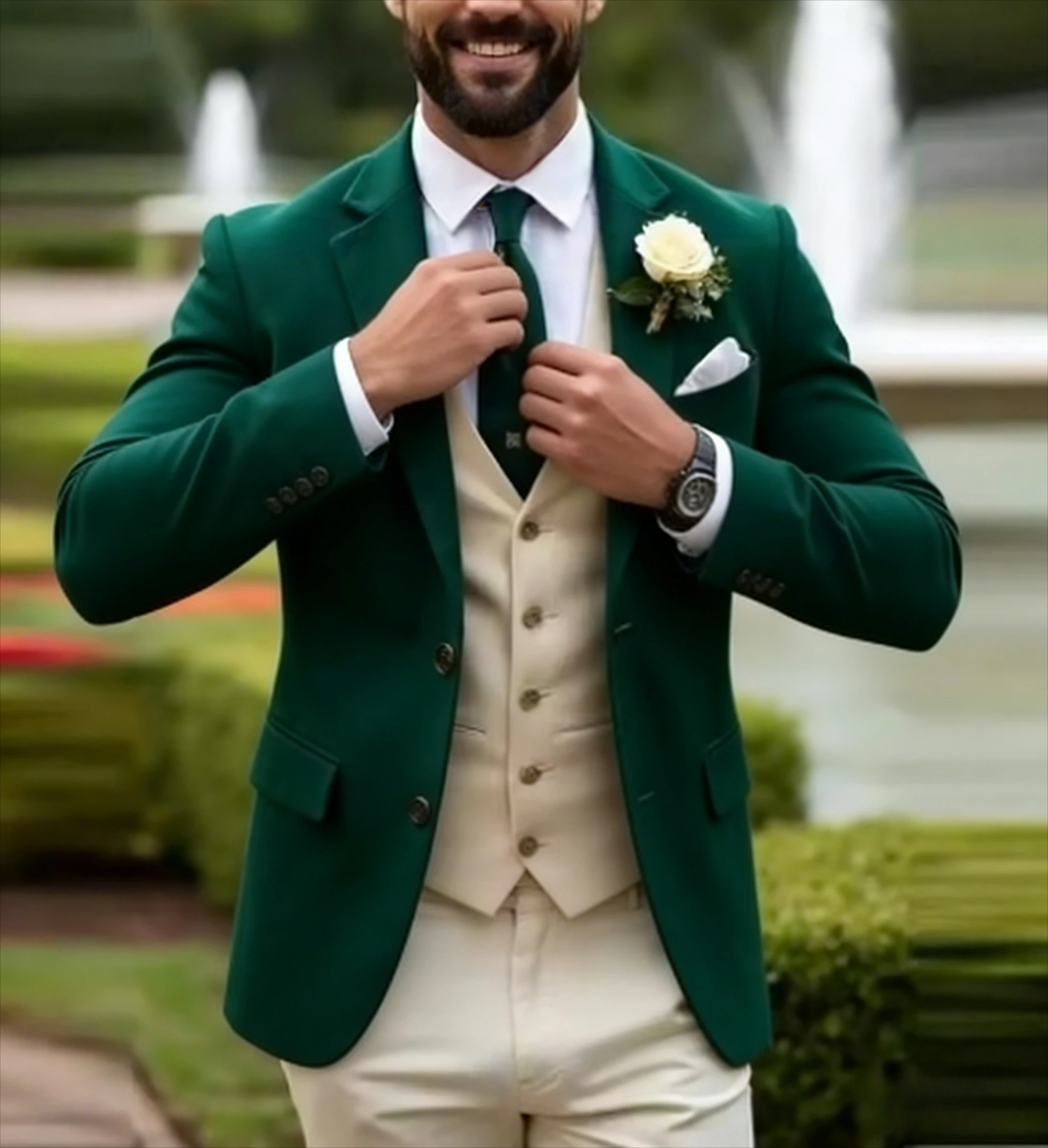 

Green And Beige New Men Suit Wedding Party Formal Groom Groomsman Prom Business Male Tuxedos 3 Piece Set Jacket Vest Pants