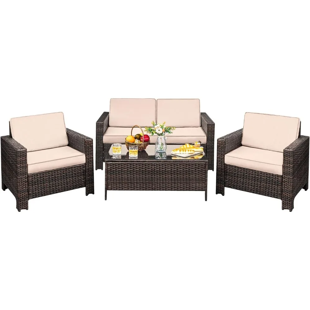 4-piece courtyard furniture set, rattan chair and willow dialogue sofa set, suitable for outdoor, indoor, garden and balcony use