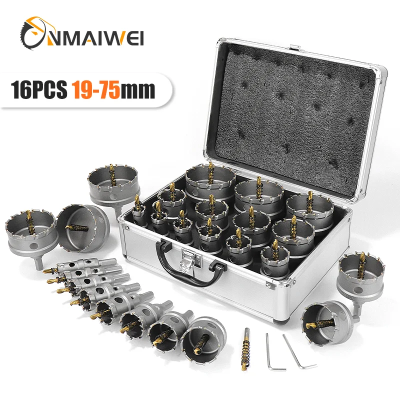 

Комплект твердосплавных кольцевых пил для твердого металла, 16 шт., TCT, 16-57 мм, набор отверстий для высокоточной резки нержавеющей стали, железа, меди