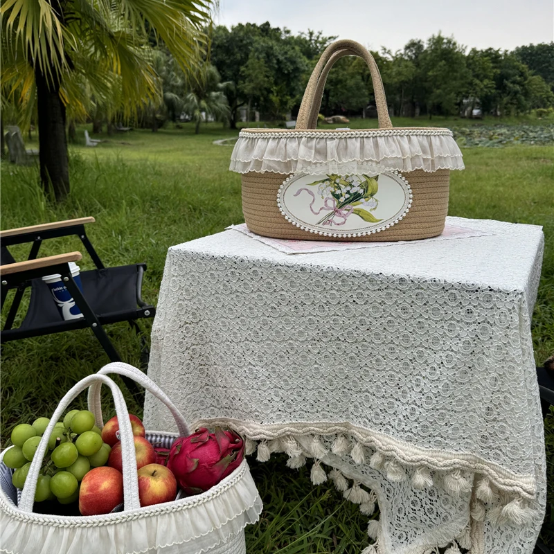 Handmade Braided Storage Basket Lily of the Valley Handbag Retro Cotton Woven Pocket Pastoral Elegant Portable Picnic Basket