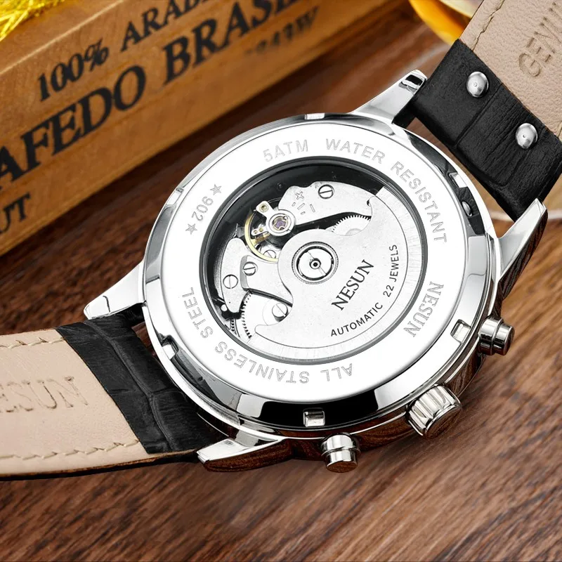Nesun für männer uhr automatische armbanduhr mechanische multifunktion ale mond phase leuchtende zeiger chronograph kalender zegarek meski
