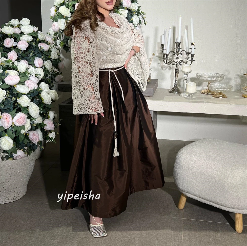 Jiayigong  Satin Pleat Draped Graduation A-line O-Neck Bespoke Occasion Gown Long Sleeve Dresses