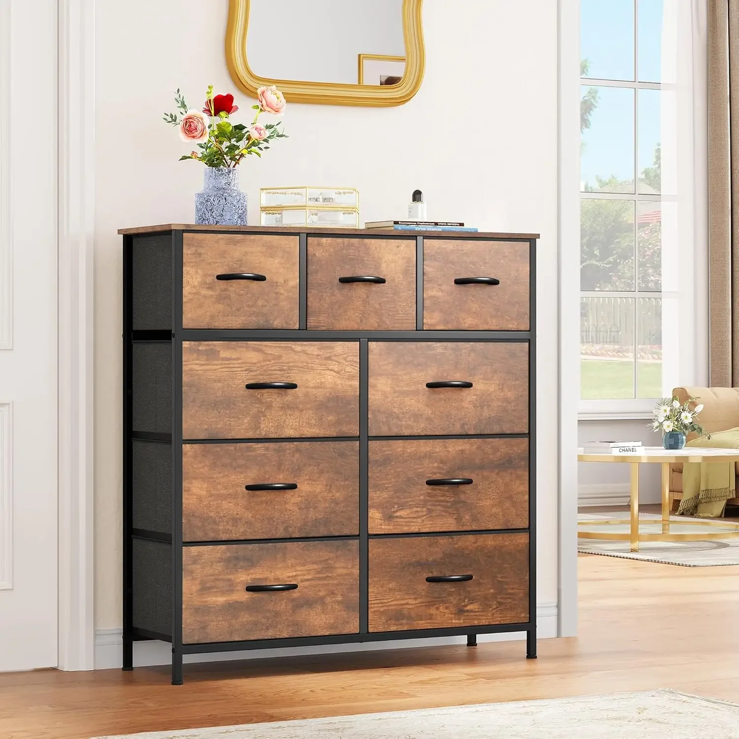 Dresser with 9 Drawers - Fabric Storage Tower, Organizer Unit for Living Room, Hallway - Sturdy Steel Frame, Wooden Top