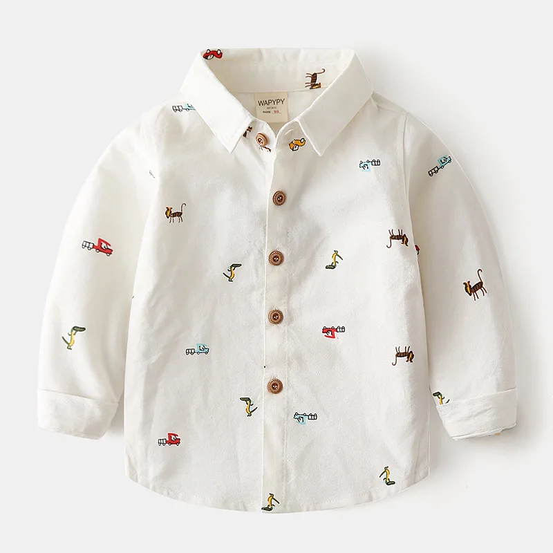 2024 Spring Autumn Boys Long Sleeves Shirt 2-6Years Baby Oxford Spinning Shirt Children Turn-down Collar Full Print Cotton Top