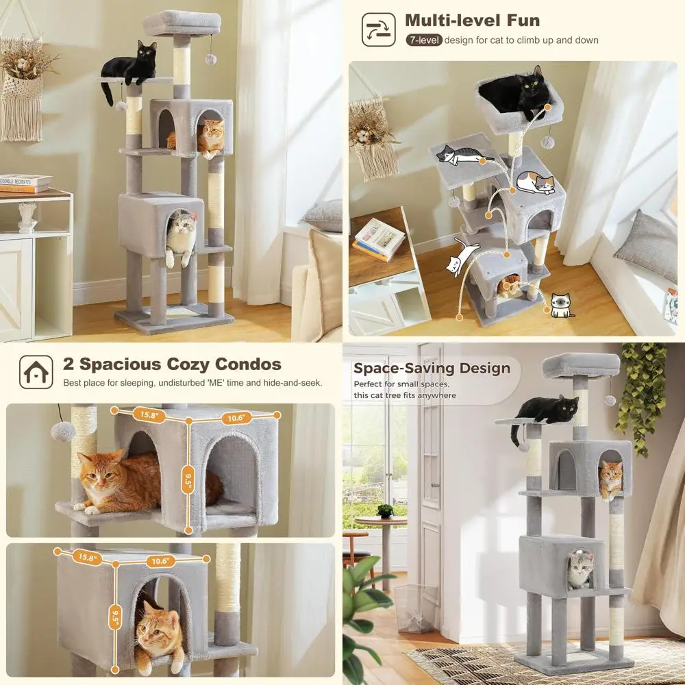 

Роскошное 62-дюймовое многоуровневое кошачье дерево с когтеточками, плюшевыми презервативами и мягкими платформами для больших домашних кошек