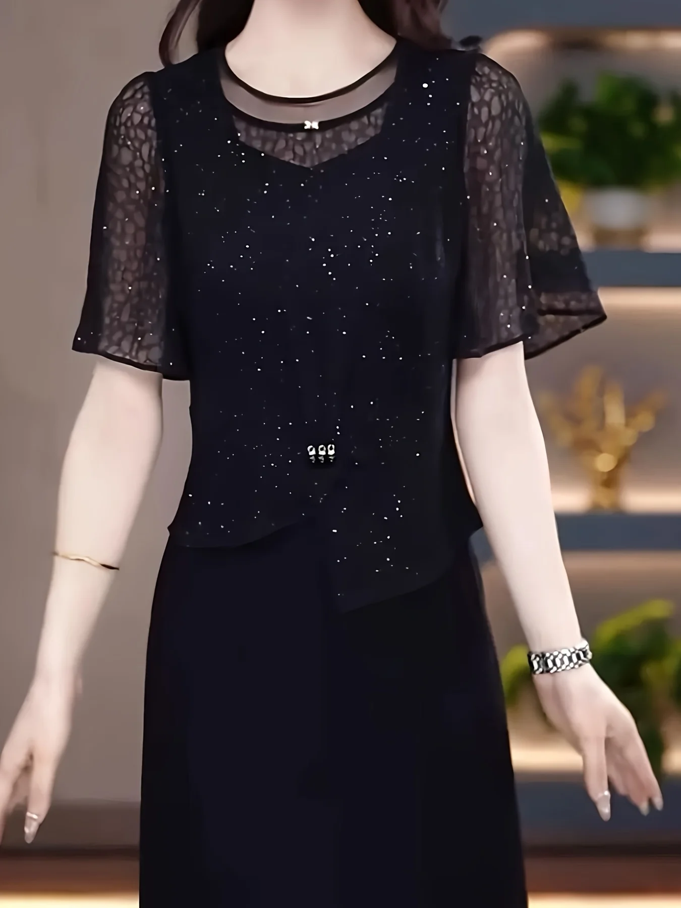 Vestido midi de malla brillante negro para mujer, manga corta, elegante, para fiesta o cóctel