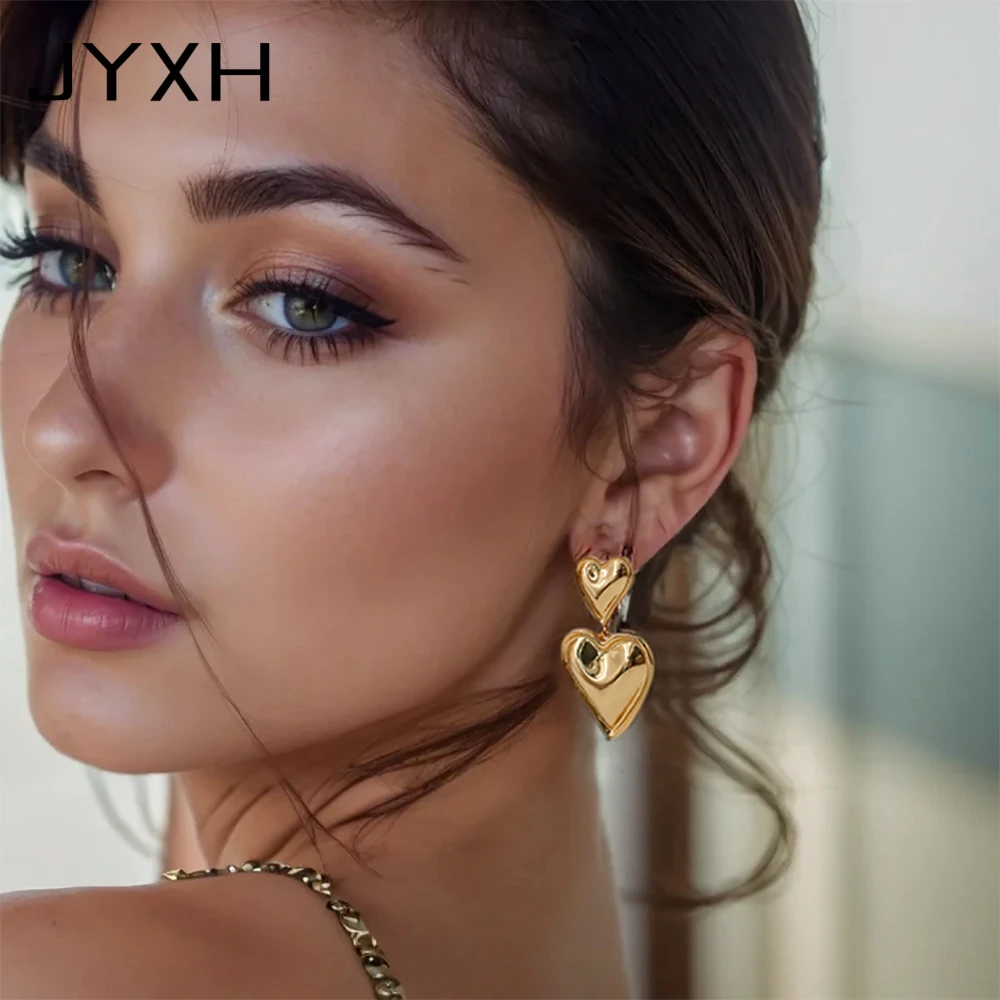 JYXH-Boucles d'Oreilles Élégantes en Forme de Cœur Double pour Femme, Vintage, Cuivre, Plaqué Or, Lisse, Amour, Cadeau Bijoux