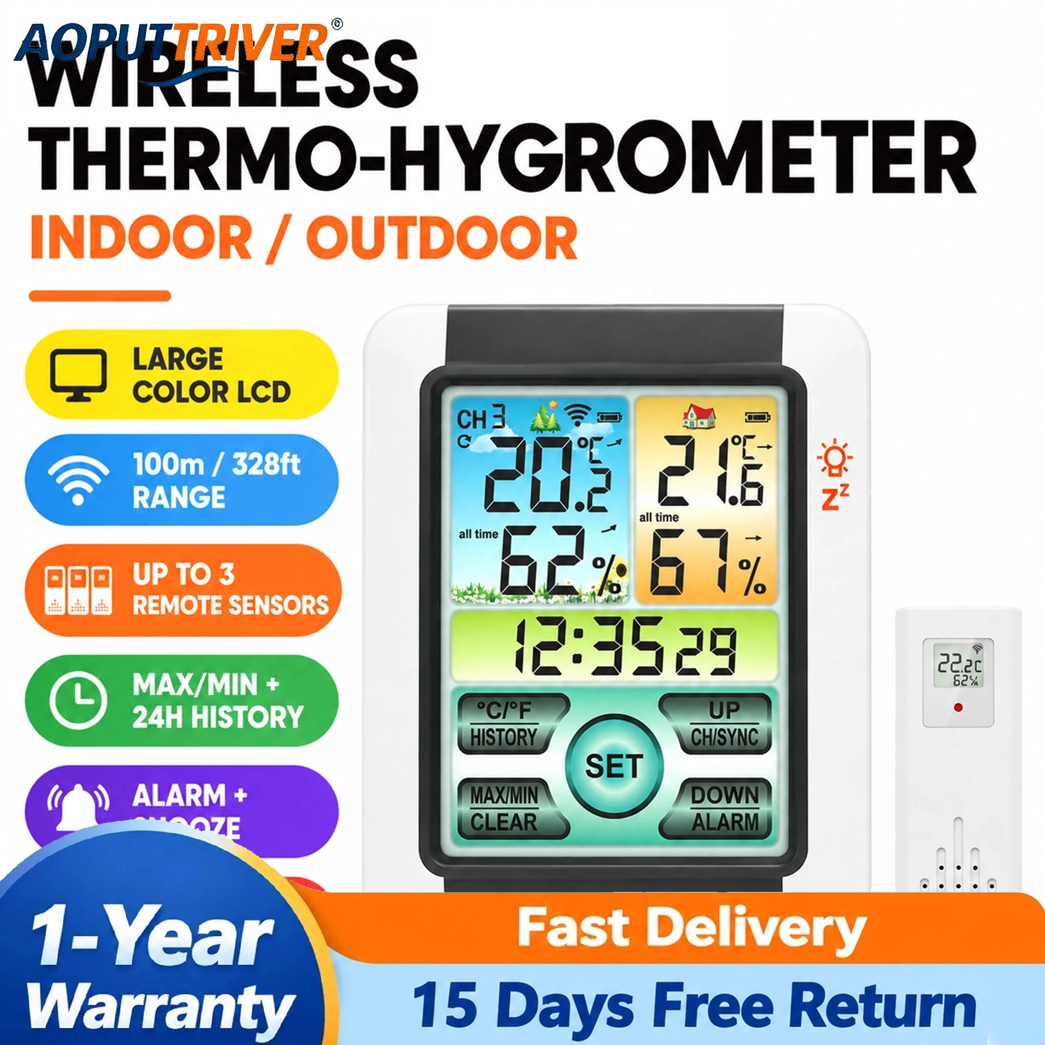 EN8851 Digital Wireless Room Thermometer Hygrometer for Home/Baby Room/Garden, Indoor Outdoor Temperature Monitor with Alarm
