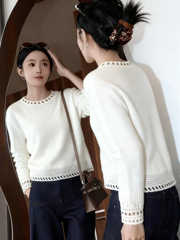 

Women's round Ne Long Sve Hollow out Knitted irt ort Sle Soft Comfortable Korean Version Daily Wear Inner Top