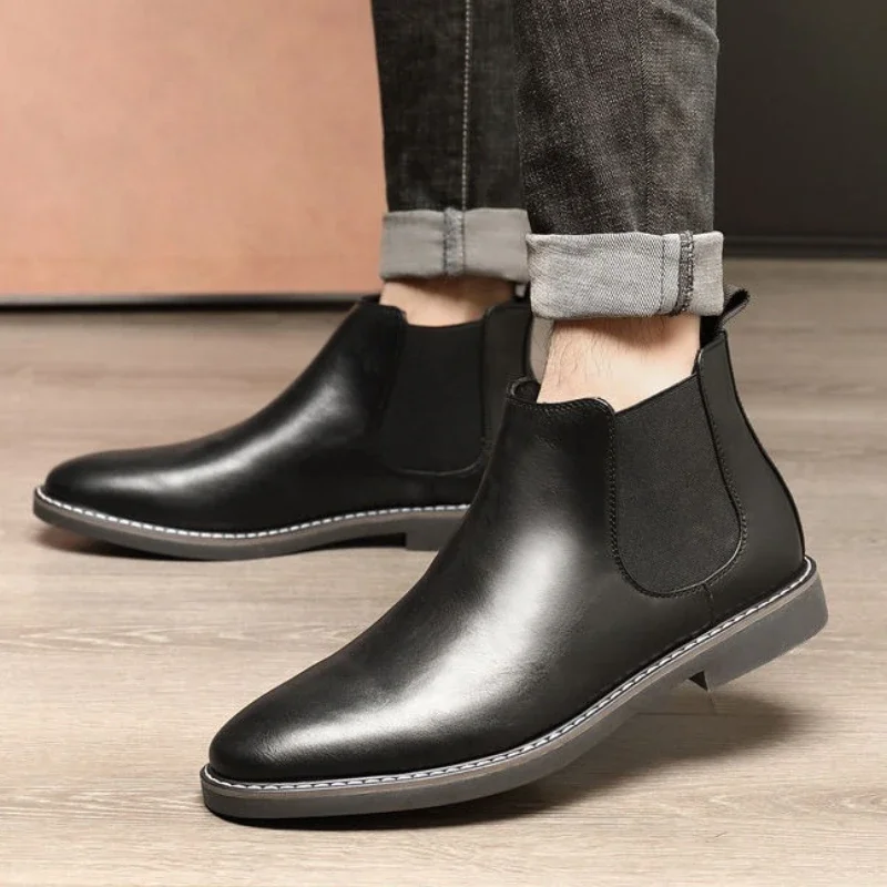

Youth Men's New Style Spring Fall British Leather Chelsea Short Boots Anti Slip Breathable Versatile British Fashion Boots