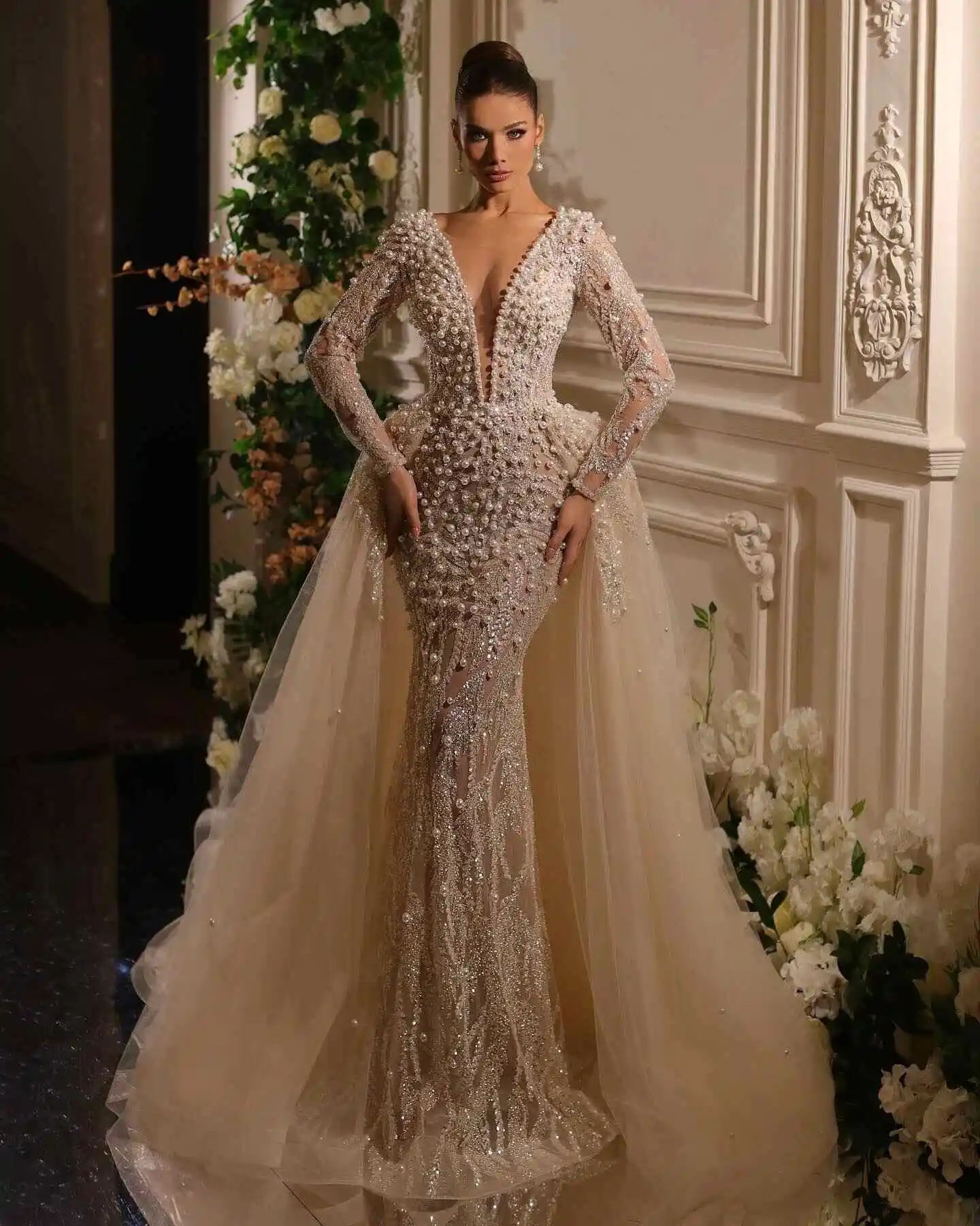 Exquisite Mermaid Gown Wedding Dresses Pearls Beading Sequins Lace Bridal Gowns Big Size Vestidos De Novia Custom Size Colour