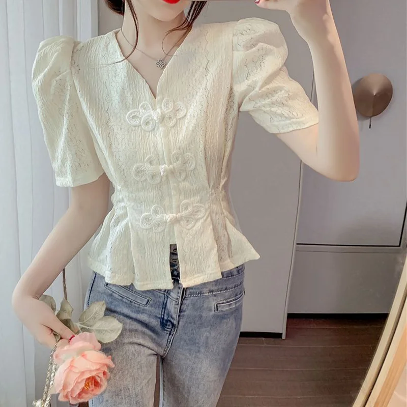 2024 New Summer Chinese Style Loose Casual Retro Women\'s Clothing QIPAO Irregular Sweat V Neck Short Sleeve Chiffon Chic Tops