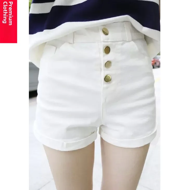 

Ретро-шорты с высокой талией, эластичные, на одной пуговице, белые, ультракороткие, женские, летние, повседневные, облегающие, модные, утягивающие, трендовые, горячая новинка