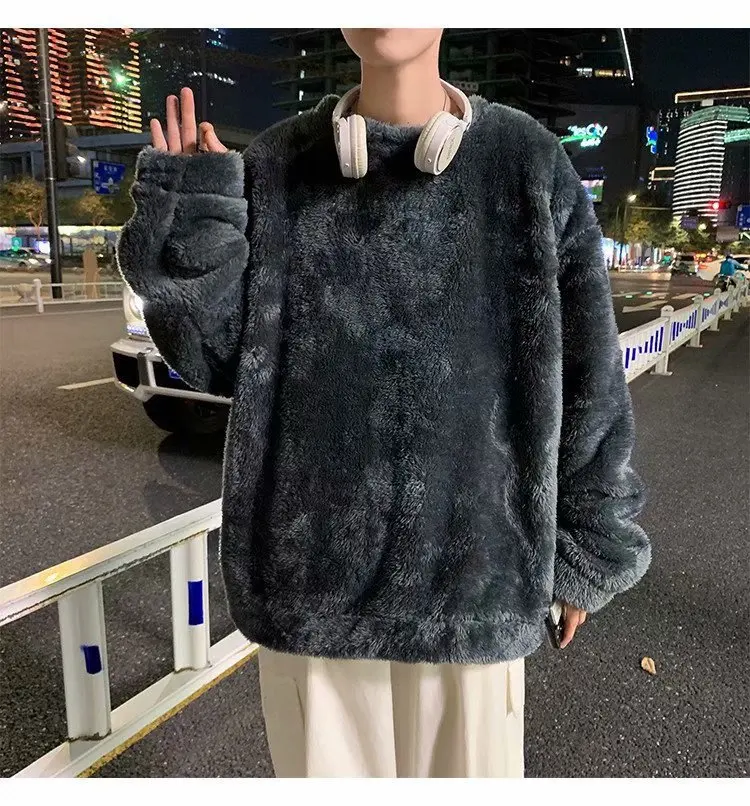 Grey Plush Man Sweatshirts Korean Style Oversized Solid Color O Neck Warm Winter Men\'s Clothes Loose Streetwear Hoodies for Men