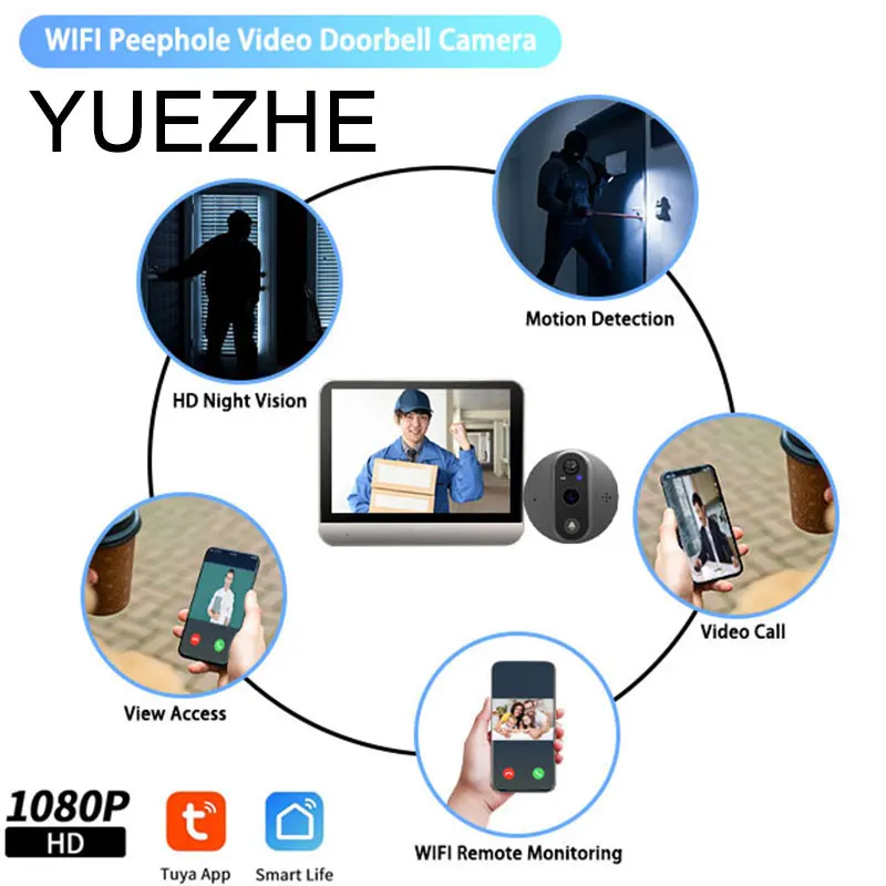 Yuezhe-Tuya Peephole Inteligente WiFi Campainha, 4.3 "Câmera Peephole, 1080P Eye, 5000mAh, Alarme de Movimento PIR, Alexa Bell para Casa