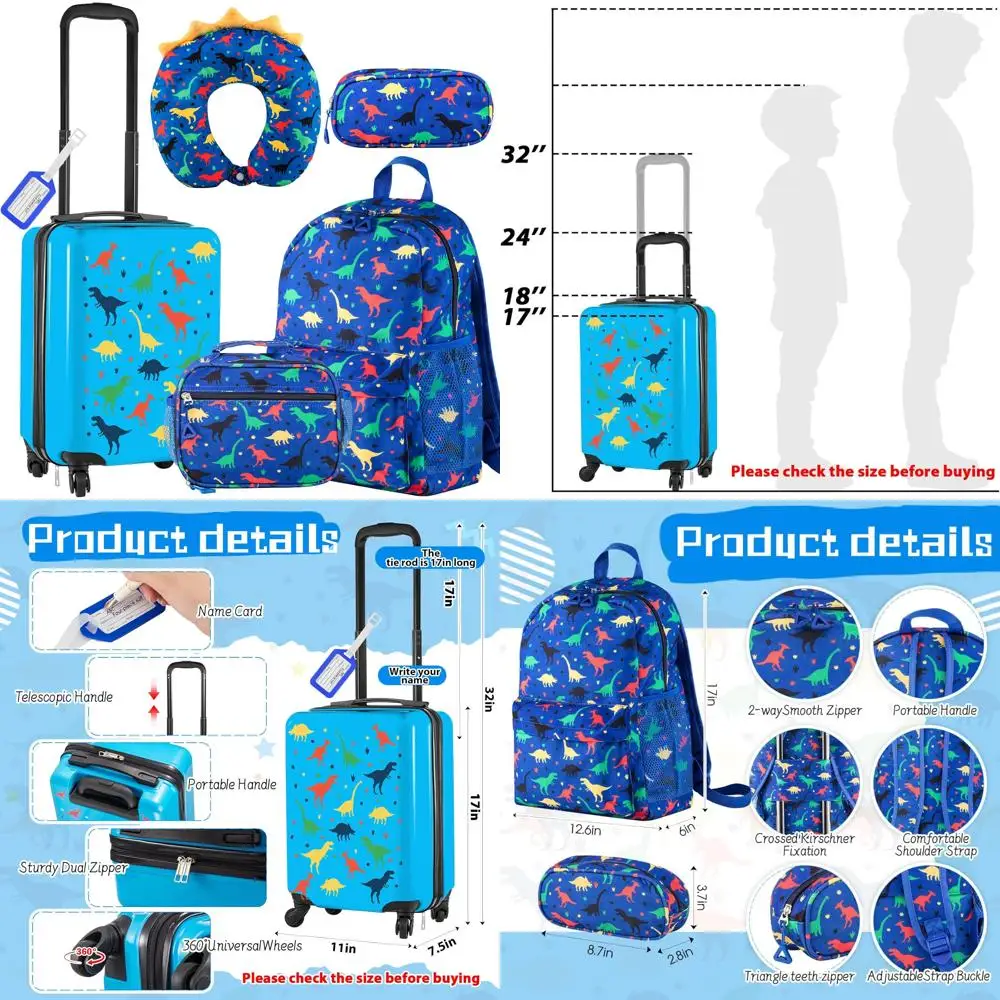 Set di valigie per bambini da 6 pezzi con 17 valigie con ruote, doppio motivo, ideale per regali scolastici o da viaggio, dinosauro blu scuro De