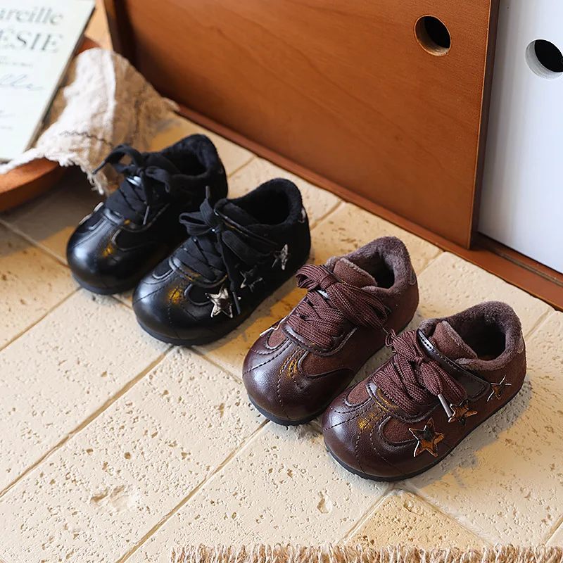 Kids'Casual Shoes Color Blocking Star Fashion PU Leather Winter Flat Shoes For Children Anti-slip Warm Black Brown Size 22-31