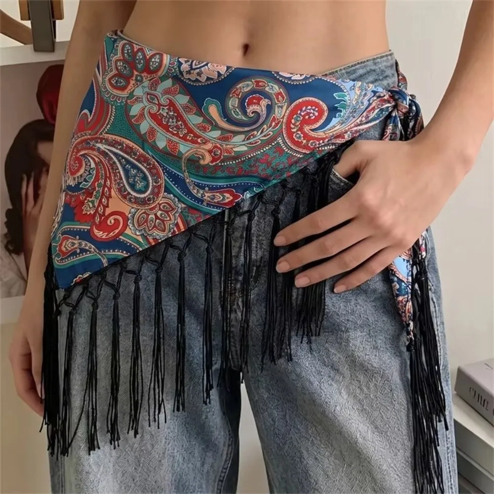 Bohemian Tassel Triangle Waist Band Lightweight Layered Paisley Printed Wrap Overlay Skirt Adjustable Wrap Decorative Waist Wrap