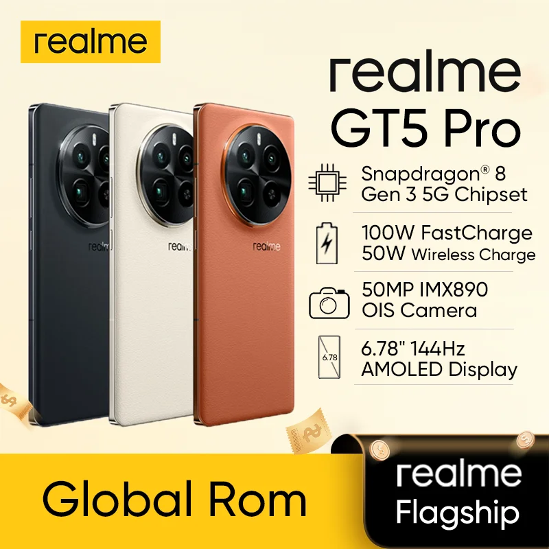 

Unlocked GLobal ROM realme GT5 Pro 5G Smartphone Android Cellphones SnapDragon 8 Gen 3 16GB+1TB Wireless Charge NFC GT 5 Pro