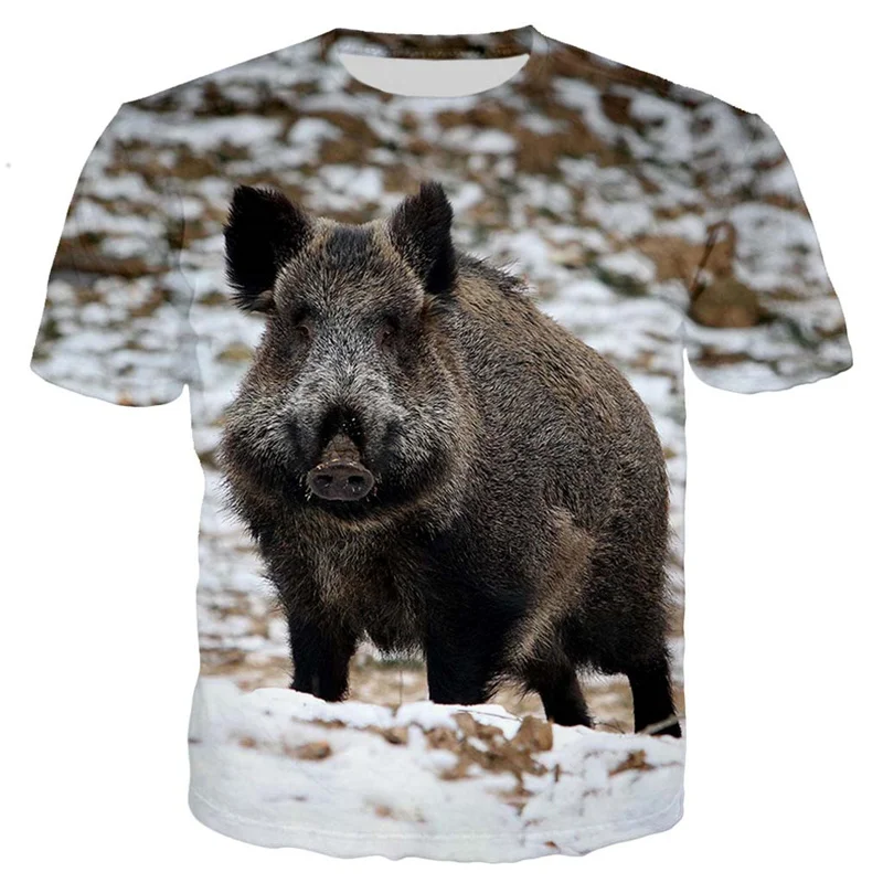 3d Printed Wild Boar Pig T-Shirt Men Graphics Black Tops Tees Casual Round Neck Short Sleeves Personalized T Shirt Streetwear