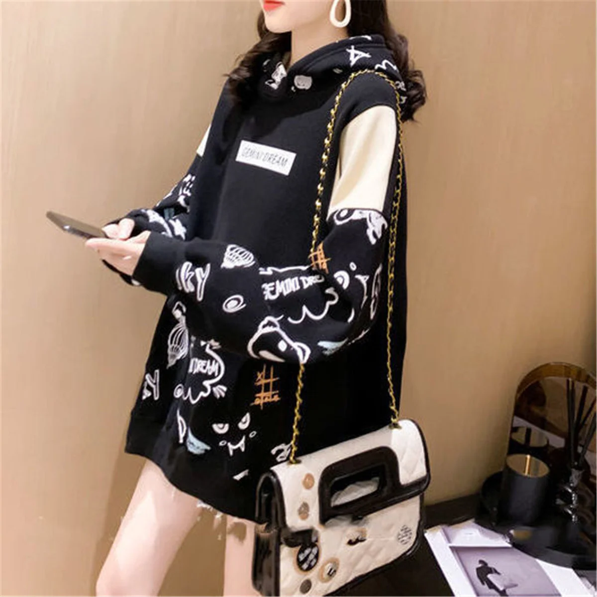 Spring Autumn Hoodie Sweatshirt Women Tops Loose Casual Milk Print Hoodie Streetwear Girl Pullover Japan Hoodies Funny Female