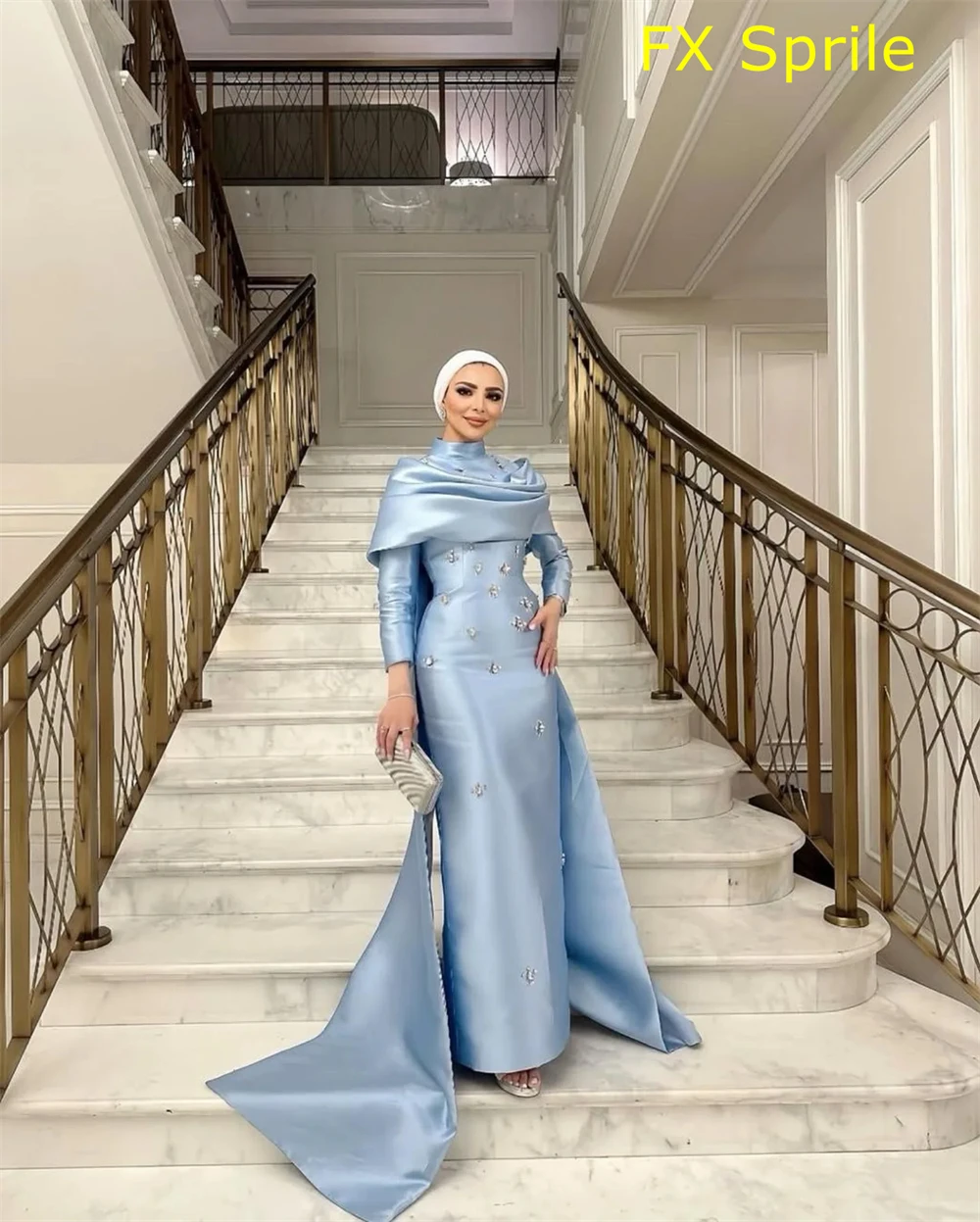 فستان سهرة من الساتان الأزرق الرقيق حسب الطلب، خط عنق عالي رائع قبالة الكتف وأكمام طويلة، فستان حفلات ناعم Pr #6