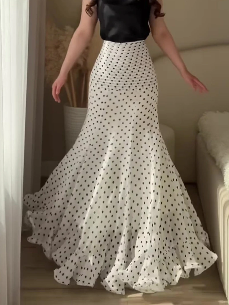 

2026 Women Polka Dot Print Skirt Fashion Summer Ruffle Hem Maxi Skirt Elegant High Waist Lady Bodycon Casual Vacation Skirt